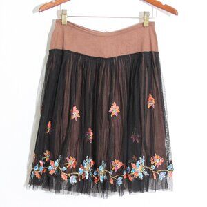 Chan Luu Sequin Embellished Tulle Knee Length Skirt Floral Black Sheer Sz Small